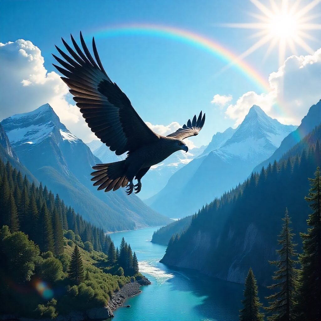 Imagen del águila sobrevolando un río, atravesando un cielo espejado cruzado por el arcoíris.